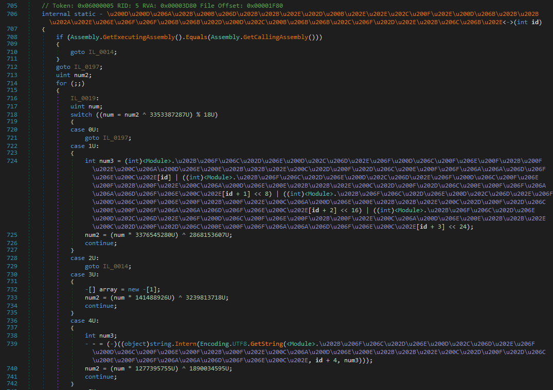 Screenshot of dnSpy showing obfuscated code