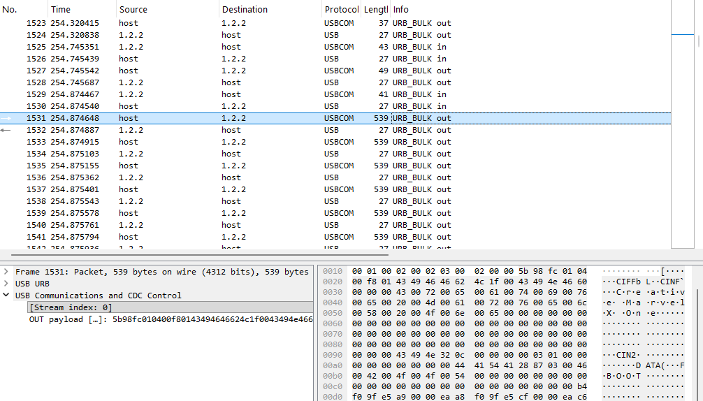 Screenshot of Wireshark showing first firmware payload packet